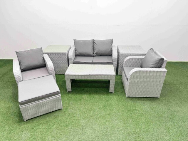 Rackhams Light Grey PE Wicker Rattan Garden Furniture Set Sofa Set Reclining Adjustable Chair Oblong Coffee Table 5 Seater With Footstool 2 Side Table - image 1