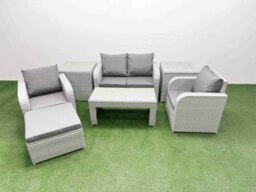 Rackhams Light Grey PE Wicker Rattan Garden Furniture Set Sofa Set Reclining Adjustable Chair Oblong Coffee Table 5 Seater With Footstool 2 Side Table - thumbnail 1