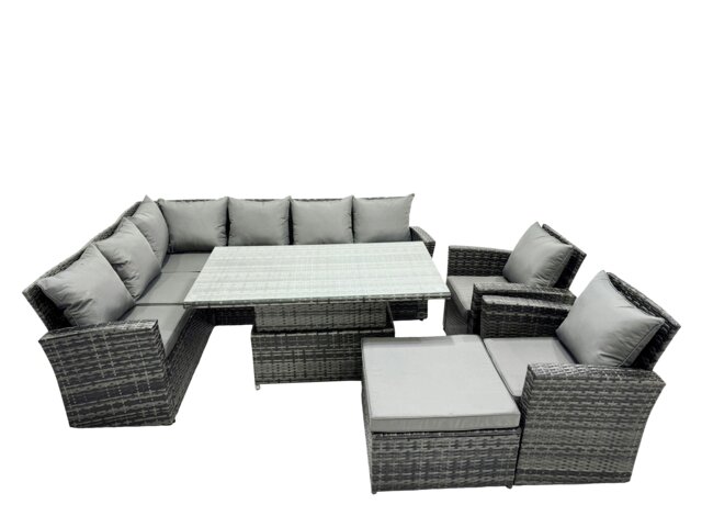 Rackhams Poly Rattan Outdoor Patio Height Adjustable Rising Lifting Table Corner Sofa Set with Big Stool,2 Chairs for Garden Backyard Dark Grey Mixed - image 1