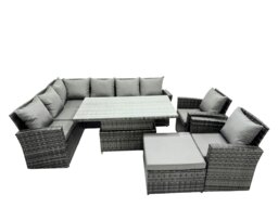 Rackhams Poly Rattan Outdoor Patio Height Adjustable Rising Lifting Table Corner Sofa Set with Big Stool,2 Chairs for Garden Backyard Dark Grey Mixed - thumbnail 1