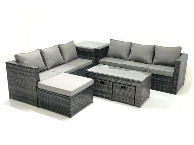 Rackhams Garden Outdoor Rattan Furniture Set with Sofa Coffee table 3 Footstools Side Table Dark Grey Mixed - image 1