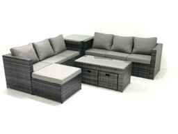 Rackhams Garden Outdoor Rattan Furniture Set with Sofa Coffee table 3 Footstools Side Table Dark Grey Mixed - thumbnail 2