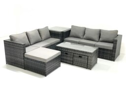 Rackhams Garden Outdoor Rattan Furniture Set with Sofa Coffee table 3 Footstools Side Table Dark Grey Mixed - thumbnail 1