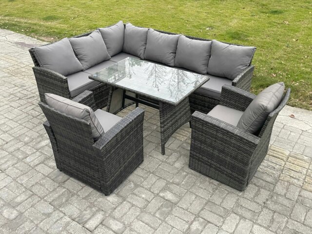 Rackhams Wicker Rattan Garden Furniture Corner Sofa Set with Oblong Dining Table 2 Armchairs 8 Seater Outdoor Rattan Set Dark Grey Mixed - image 1