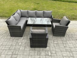 Rackhams Wicker Rattan Garden Furniture Corner Sofa Set with Oblong Dining Table 2 Armchairs 8 Seater Outdoor Rattan Set Dark Grey Mixed - thumbnail 2