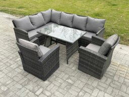 Rackhams Wicker Rattan Garden Furniture Corner Sofa Set with Oblong Dining Table 2 Armchairs 8 Seater Outdoor Rattan Set Dark Grey Mixed - thumbnail 1