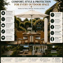 Rackhams Tilting Garden Parasol Table Umbrella 2.7M with Crank Handle, UV40 Protection, Includes Protection Cover - Cream - thumbnail 3