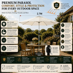 Rackhams Tilting Garden Parasol Table Umbrella 2.7M with Crank Handle, UV40 Protection, Includes Protection Cover - Cream - thumbnail 2