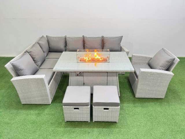 Rackhams 9 Seat Rattan Garden Furniture Corner Sofa Set Outdoor Gas Fire Pit Table Sets with 2 Small Footstools Light Grey - image 1