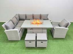 Rackhams 9 Seat Rattan Garden Furniture Corner Sofa Set Outdoor Gas Fire Pit Table Sets with 2 Small Footstools Light Grey - thumbnail 1