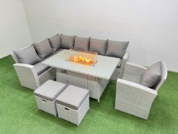 Rackhams 9 Seat Rattan Garden Furniture Corner Sofa Set Outdoor Gas Fire Pit Table Sets with 2 Small Footstools Light Grey - thumbnail 2