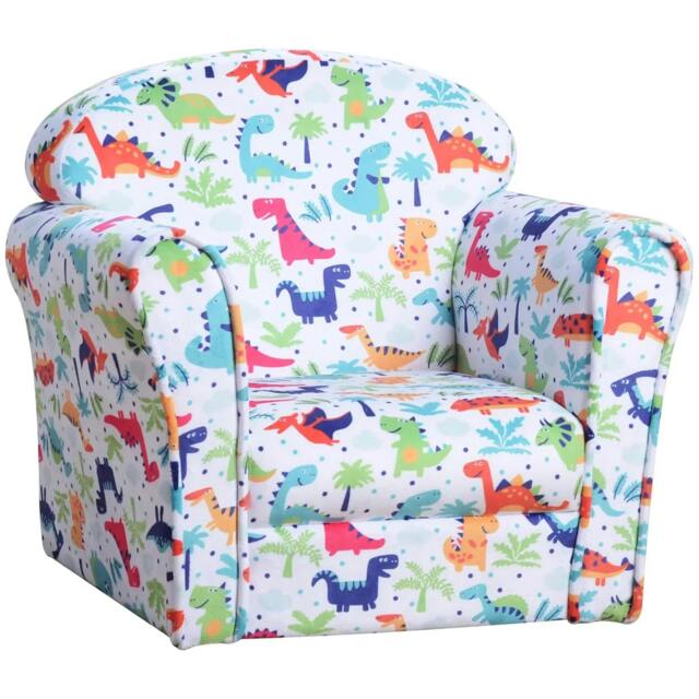 Rackhams Children's Armchair Flannel Kids Sofa Tub Chair Cartoon Dinosaur Pattern Wooden Frame Bedroom Playroom Seater Multicolour - image 1