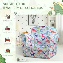 Rackhams Children's Armchair Flannel Kids Sofa Tub Chair Cartoon Dinosaur Pattern Wooden Frame Bedroom Playroom Seater Multicolour - thumbnail 6