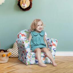 Rackhams Children's Armchair Flannel Kids Sofa Tub Chair Cartoon Dinosaur Pattern Wooden Frame Bedroom Playroom Seater Multicolour - thumbnail 2