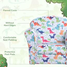 Rackhams Children's Armchair Flannel Kids Sofa Tub Chair Cartoon Dinosaur Pattern Wooden Frame Bedroom Playroom Seater Multicolour - thumbnail 4