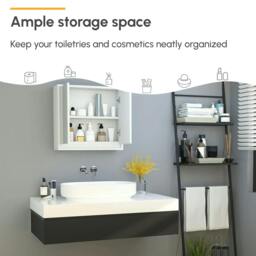 Rackhams Bathroom Mirror Cabinet Wall Mounted Storage Shelf Bathroom Cupboard Double Door, White - thumbnail 6