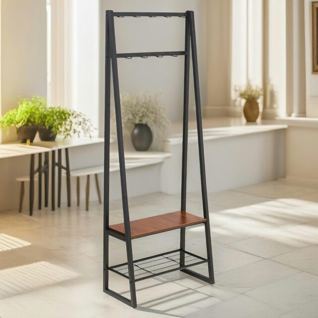 Rackhams Industrial Hall Tree Coat Rack Stand With 2 Shoe Storage Shelves Brown - image 1