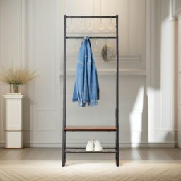 Rackhams Industrial Hall Tree Coat Rack Stand With 2 Shoe Storage Shelves Brown - thumbnail 3