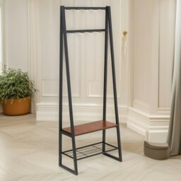 Rackhams Industrial Hall Tree Coat Rack Stand With 2 Shoe Storage Shelves Brown - thumbnail 5