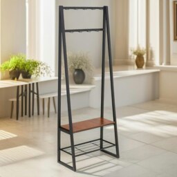 Rackhams Industrial Hall Tree Coat Rack Stand With 2 Shoe Storage Shelves Brown
