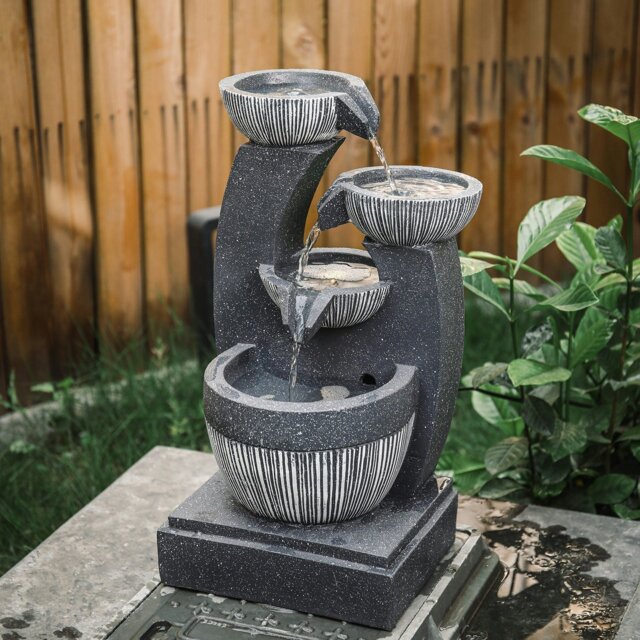 Rackhams Cascading Bowls Garden Water Feature Fountain 4-Tier Fountain LED Fountain