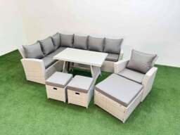 Rackhams Garden Outdoor Rattan Furniture Set Rattan Corner Sofa Oblong Dining Table with Armchair 3 Footstools Light Grey Mixed 10 Seater - thumbnail 2