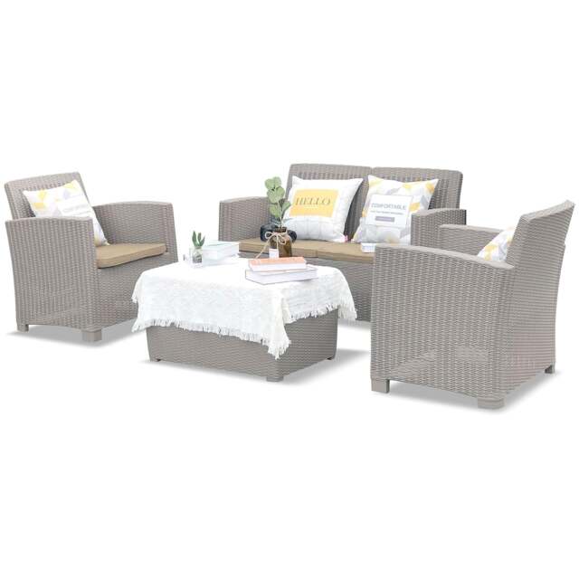 Rackhams SANTANA 4 Piece PE Rattan 4-Seater with Cushions Garden Furniture and Coffee Table Set in Greige - 1 - Greige - Sofa Set - image 1