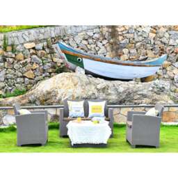 Rackhams SANTANA 4 Piece PE Rattan 4-Seater with Cushions Garden Furniture and Coffee Table Set in Greige - 1 - Greige - Sofa Set - thumbnail 2