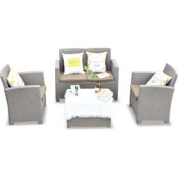 Rackhams SANTANA 4 Piece PE Rattan 4-Seater with Cushions Garden Furniture and Coffee Table Set in Greige - 1 - Greige - Sofa Set - thumbnail 3
