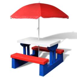 Rackhams Kids' Picnic Table with Benches and Parasol Multicolour