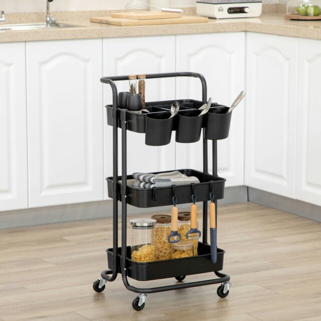 Rackhams 3-Tier Utility Cart, Rolling Serving Trolley with Baskets, Black - Black - image 1