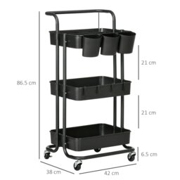 Rackhams 3-Tier Utility Cart, Rolling Serving Trolley with Baskets, Black - Black - thumbnail 5