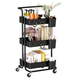Rackhams 3-Tier Utility Cart, Rolling Serving Trolley with Baskets, Black - Black - thumbnail 2