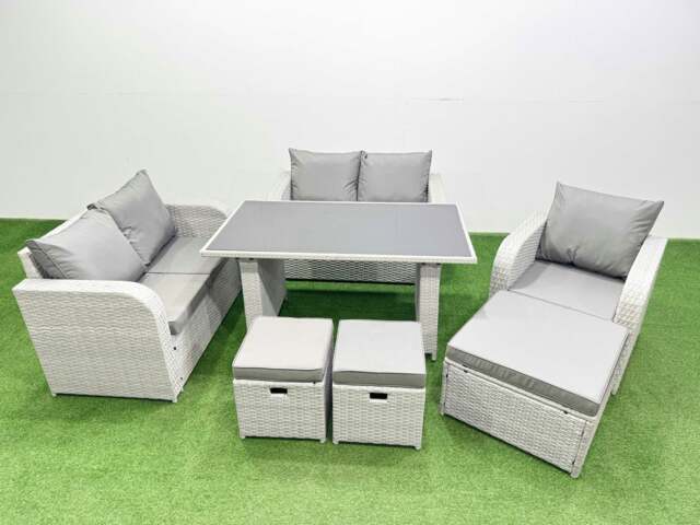 Rackhams Rattan Sofa Outdoor Furniture with Dining Table,Love Sofa,3 Stools Patio Furniture Light Grey 8 Seater - image 1