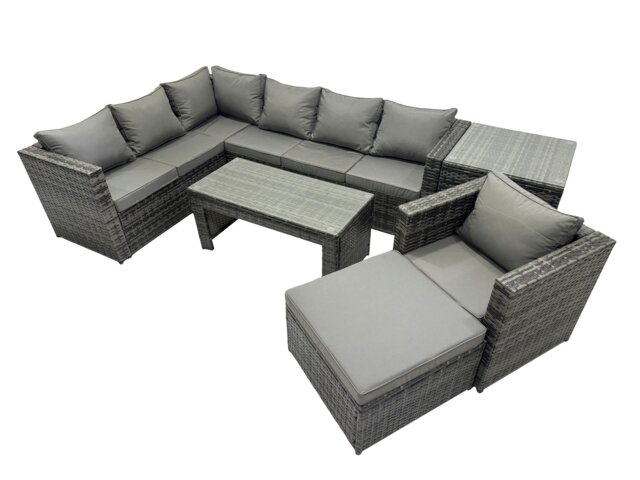 Rackhams 6 Pieces Outdoor PE Rattan Garden Furniture Corner Sofa Oblong Coffee Table Set with Cushions Big Footstool Side Table Dark Grey Mixed - image 1