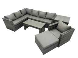 Rackhams 6 Pieces Outdoor PE Rattan Garden Furniture Corner Sofa Oblong Coffee Table Set with Cushions Big Footstool Side Table Dark Grey Mixed - thumbnail 1