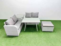Rackhams 5 Seater Outdoor Love Sofa Set Rattan Garden Furniture Set with Rectangular Dining Table Side Table Big Footstool Light Grey - thumbnail 1