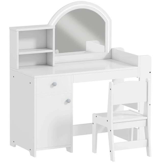 Rackhams Kids Vanity Table and Chair Set, Girls Dressing Table with 2-Colour LED Mirror, Stool, Cabinet, Drawer, Shelves, White