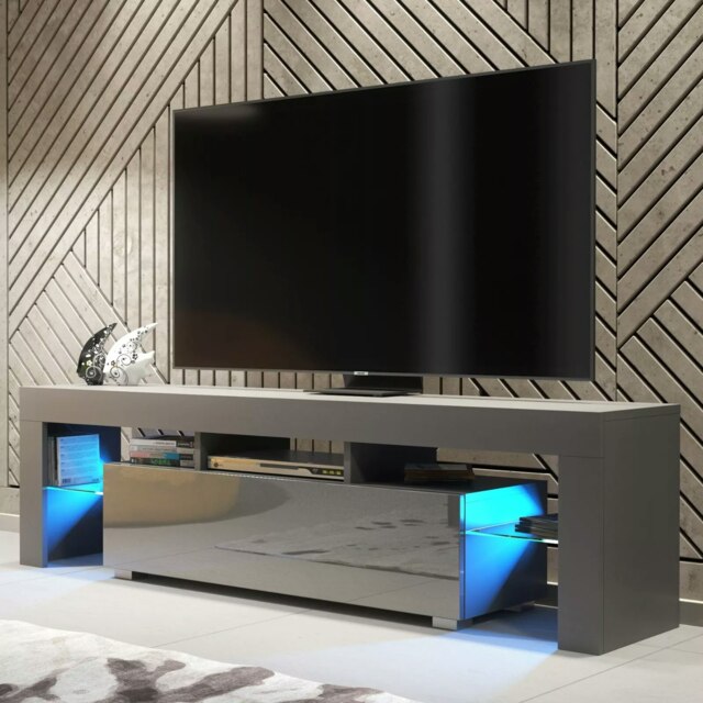 Rackhams 160cm TV Unit – Modern TV Stand Cabinet with Grey High Gloss Doors and Free LED - 160 cm - Dark Grey Matt Body & Dark Grey Gloss Doors - image 1
