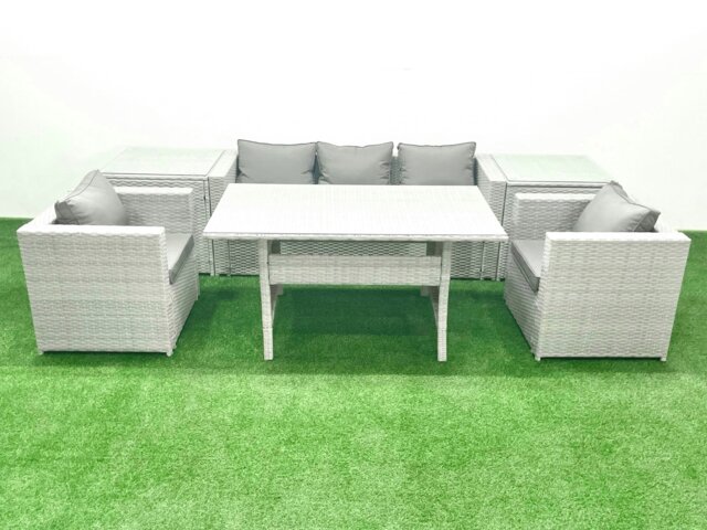 Rackhams Garden Dining Set Outdoor Rattan Furniture Set with Sofa Dining Table 2 Chairs 2 Side Tables Light Grey Mixed - image 1