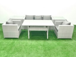 Rackhams Garden Dining Set Outdoor Rattan Furniture Set with Sofa Dining Table 2 Chairs 2 Side Tables Light Grey Mixed - thumbnail 1