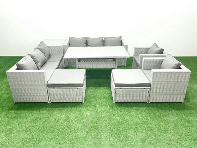 Rackhams Rattan Garden Furniture Set Outdoor 8 Seater Patio Dinin g Sofa Sets with Dining Table 2 Chairs Side Table 2 Big Footstools Light Grey Mixed - image 1