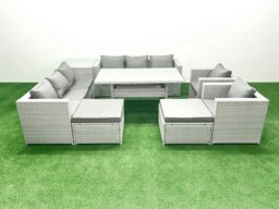 Rackhams Rattan Garden Furniture Set Outdoor 8 Seater Patio Dinin g Sofa Sets with Dining Table 2 Chairs Side Table 2 Big Footstools Light Grey Mixed - thumbnail 2
