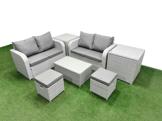 Rackhams 6 Seater Outdoor Love Sofa Set Rattan Garden Furniture Set with Rectangular Coffee Table 2 Small Stools 2 Side Tables Light Grey - image 1