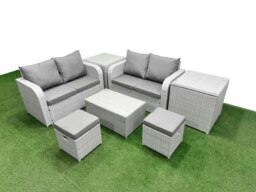 Rackhams 6 Seater Outdoor Love Sofa Set Rattan Garden Furniture Set with Rectangular Coffee Table 2 Small Stools 2 Side Tables Light Grey - thumbnail 1