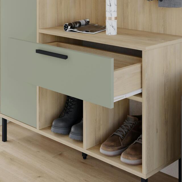 Rackhams Hall Tree 108x195.3cm 1-Drawer and 1-Door Storage Cabinet, 4 Metal Coat Hooks Sturdy Metal Legs, Hallway Oak - Ash Green - image 1
