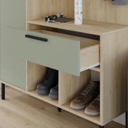 Rackhams Hall Tree 108x195.3cm 1-Drawer and 1-Door Storage Cabinet, 4 Metal Coat Hooks Sturdy Metal Legs, Hallway Oak - Ash Green
