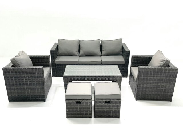 Rackhams Rattan Garden Furniture Set Outdoor Lounger Sofa with Coffee Table 2 Armchair 2 Small Footstools Dark Grey Mixed - image 1