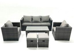 Rackhams Rattan Garden Furniture Set Outdoor Lounger Sofa with Coffee Table 2 Armchair 2 Small Footstools Dark Grey Mixed - thumbnail 1