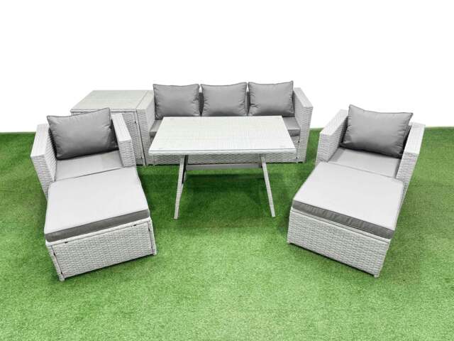 Rackhams 8 Pieces Outdoor PE Rattan Sofa Armchair Set Patio Garden Furniture Sets with Cushions Side Table 2 Big Stools Light Grey - image 1